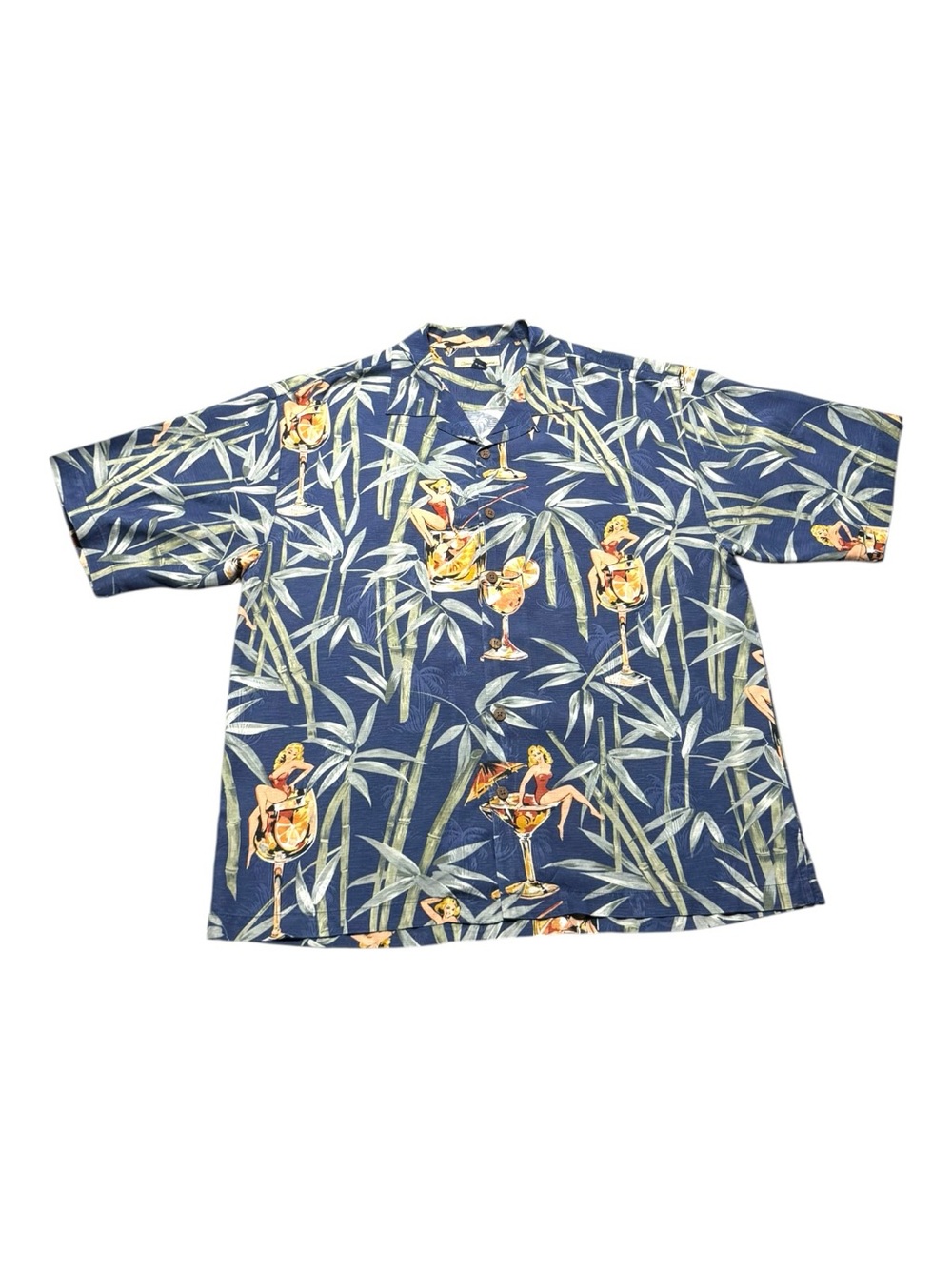 VTG Tommy Bahama Men’s Large Silk Camp Shirt Pin Up Girl Martini Floral Aloha